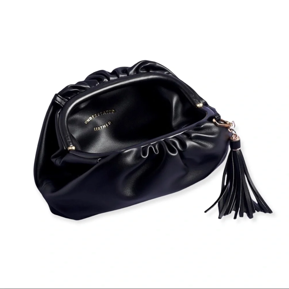 NEW Understated Leather Clutch with Removable Crossbody Chain & Tassel - Picture 3 of 7
